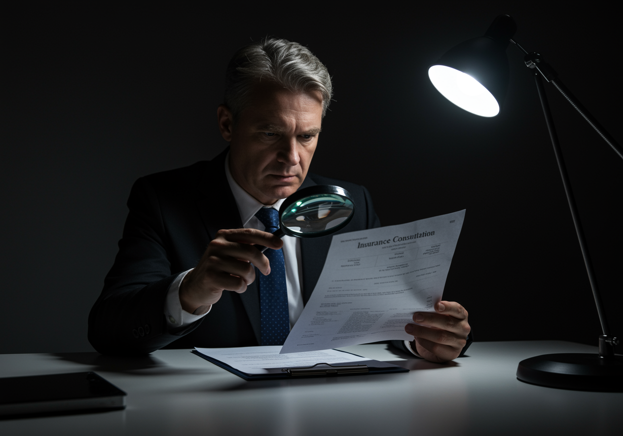 "Consultor de seguros profesional revisando documentos especializados con una lupa en un escritorio limpio, destacando su atención al detalle y enfoque personalizado."